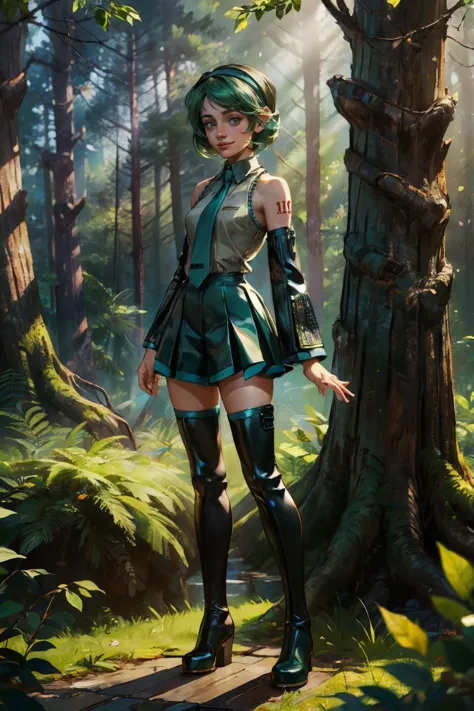 saria, short green hair, headband, miku outfit, sleeveless shirt, grey shirt, detached sleeves, blue necktie, arm tattoo, black skirt, thighhighs, thigh boots, looking at viewer, embarrassed, smiling,
standing, outside, forest, trees, natural lighting, fai...