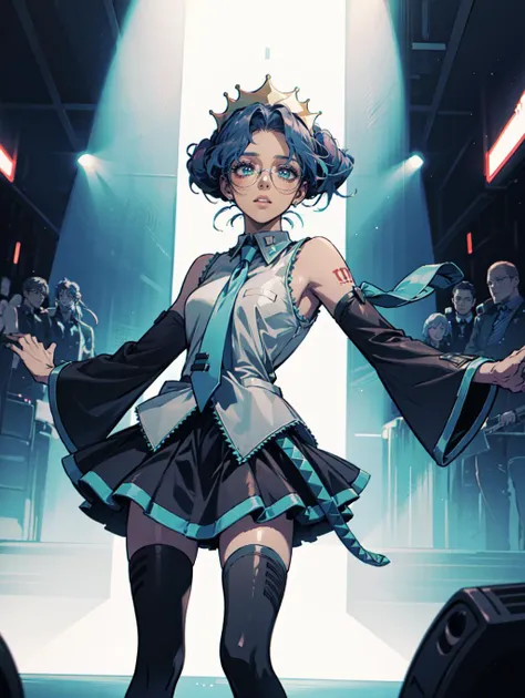 <lora:revgirlutena_himemiya-10:0.8> himemiya anthy, dark skin, dark-skinned female, short hair, crown, glasses, aiguillette,  <lora:MikuOutfit-14:0.8> miku outfit, sleeveless shirt, grey shirt, detached sleeves, necktie, arm tattoo, skirt, thighhighs, thigh boots, 
on futuristic concert,