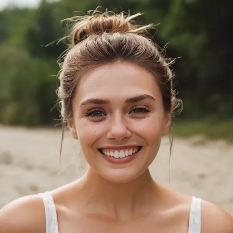 Skin texture, no makeup, Super high res closeup portrait photo of a stunning woman outdoors with her hair in one messy bun,summer vibes,f /2.8, Canon, 85mm,cinematic, high quality,looking at the viewer,   <lora:eliolsen_v4_xl_4_standard_wo_cap_merger_31_45_86_03_03_04:1>, smiling