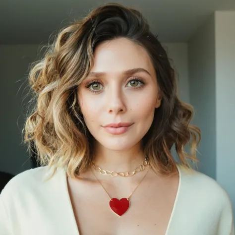 Looking straight at the camera, Film grain, skin texture, Instagram closeup selfie of a woman with beautiful wavy hair wearing a heart necklace,f/1.8,wearing a tutleneck shirt,   < <lora:eliolsen_v4_xl_4_standard_wo_cap_merger_31_45_86_03_03_04:1>