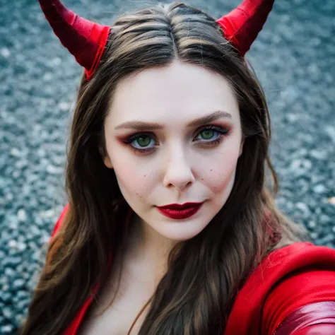 looking straight at the camera, film grain, skin texture, instagram closeup selfie of a woman dressed as the scarlet witch, cosp...