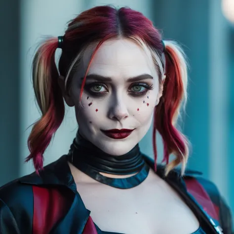 High res closeup portrait photo of an actress dressed as Harley Quinn, f /2.8, Canon, 85mm,cinematic, high quality, skin texture, looking at the camera,  elixolsen,   <lora:eliolsen_juggerX_v7_standard_wocap_merger_27_74_98_02_03_05-elixolsen:1>