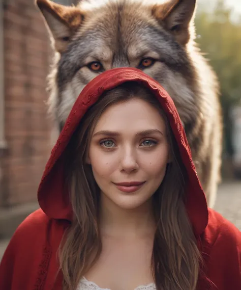 professional head and shoulders portrait,beautiful woman is little red riding hood,wearing red headwear cloak and pants,walking ...