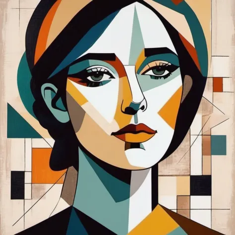 a painting of a woman with a geometric face and a hat