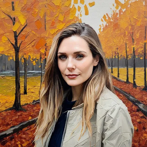 arafed woman standing in front of a painting of a park