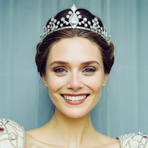 a close up of a woman wearing a tiara and smiling