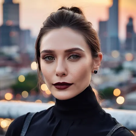 a close up of a woman with a black top and a city in the background