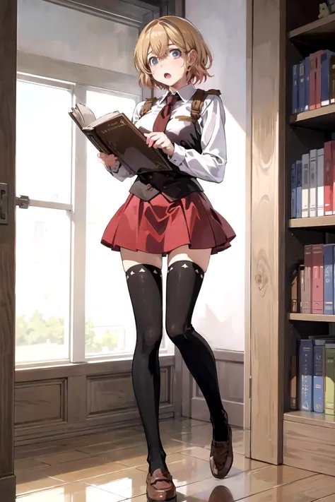 anime girl in a school uniform reading a book in a library