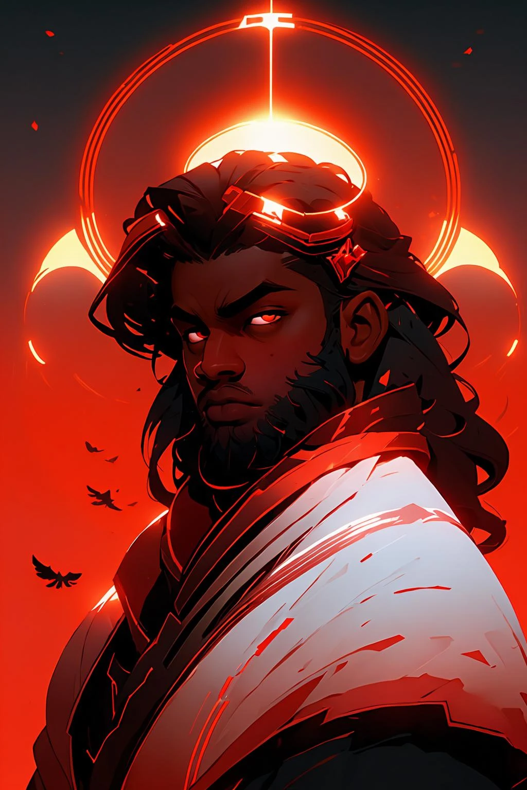 (red theme, red gradient,:1.2) redshift,red, solo, long hair, looking at viewer, black hair, red eyes, 1boy, upper body, male focus, wings, dark skin, glowing, facial hair, halo, dark-skinned male, glowing eyes, beard, circlet 