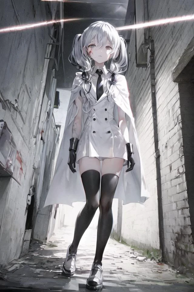 Anime girl in white coat and black stockings walking down a narrow ...