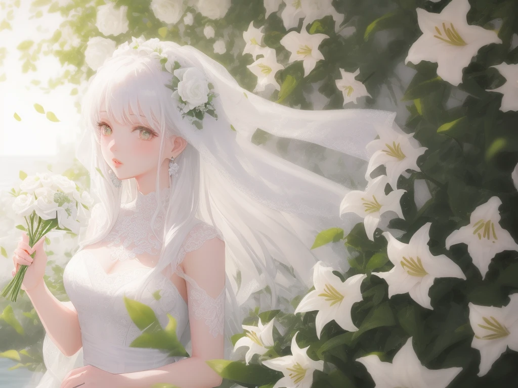 1girl, white flower, lily (flower), white rose, earrings, solo, long hair, hair ornament, jewelry, bouquet, rose, wedding dress, hair flower, looking at viewer,blurry, lips