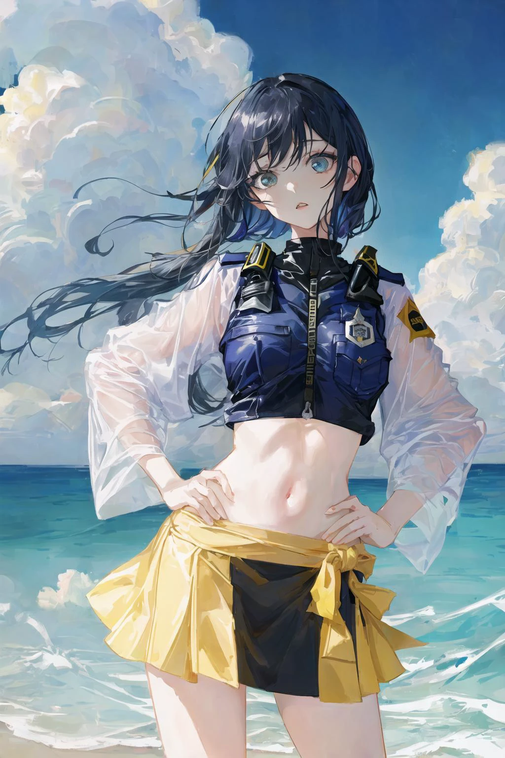 art de Bleuet, rêveur, (une belle, adolescent, Fille de style anime aux yeux bleus et aux longs, cheveux noirs, portant un jaune pâle, brillant, à manches longues, poitrine ouverte, Maillot de bain à jupe longue avec un rose, blanc, et jaune, Le cœur pose avec ses mains sur ses hanches, en face d’une plage et d’un, Ciel bleu avec des nuages dedans, Il y a des palmiers en arrière-plan des deux côtés de l’image, and there are lots of blue et jaune fish swimming in the ocean, Et il y a un hélicoptère de la police avec des lumières dessus qui survole la fille)