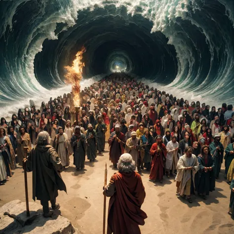 a crowd of people standing on a beach with a large wave