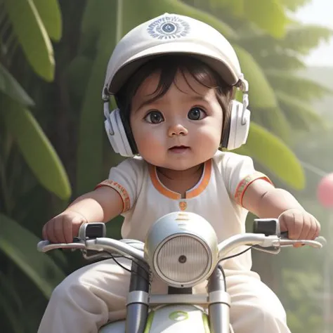 2 cute indian baby 8 months old, (indian clothes), cute, big (turquoise eye color: 0.1), innocent, silky hairs, 8mm, realistic, delicate, beautiful, riding cycle, wearing headphones, wearing cap, cheerful, outdoors, detailed background, vibrant bright glowing contour,  <lora:md:0.4>