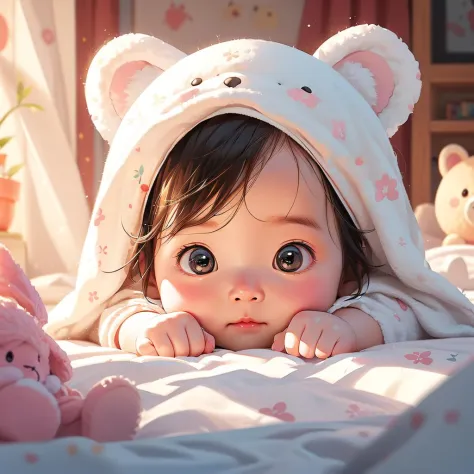 masterpiece,best quality,ultra-detailed,1girl,Cute baby,depth of field,stuffed toy,on the bed,curtains,hat,animal ears,