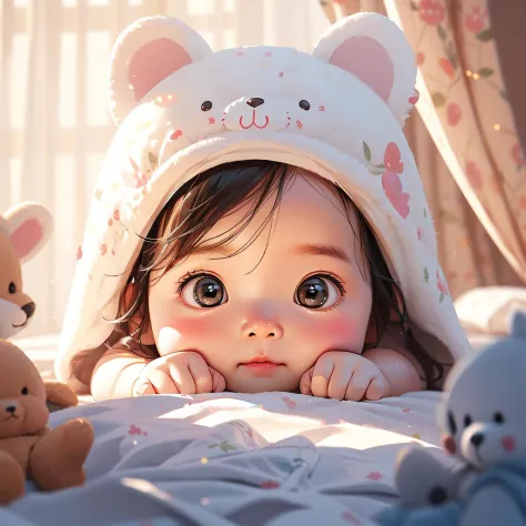 obra de arte,melhor qualidade,Ultra-detalhado,1 garota,Bebê fofo,profundidade de campo,brinquedo de pelúcia,em cima da cama,cortinas,tem,orelhas de animais,