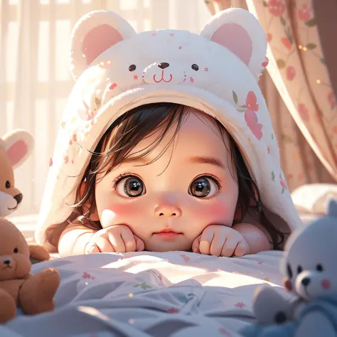 masterpiece,best quality,ultra-detailed,1girl,Cute baby,depth of field,stuffed toy,on the bed,curtains,hat,animal ears,<lora:å¥½å­æ¥:0.7>,