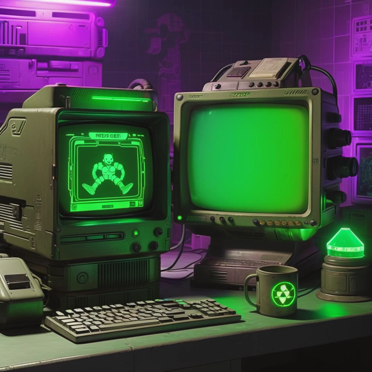 старый компьютер,1 большой монитор, 2 небольших дисплея, фото продукта, Пип-бой, выпадать, ( ретро кибер-технологии ), Светоотражающий, диафрагма f 8, 3D-рендеринг, новая объективность,  стиль киберпанк, зеленое свечение, фиолетовое свечение, темная комната, 