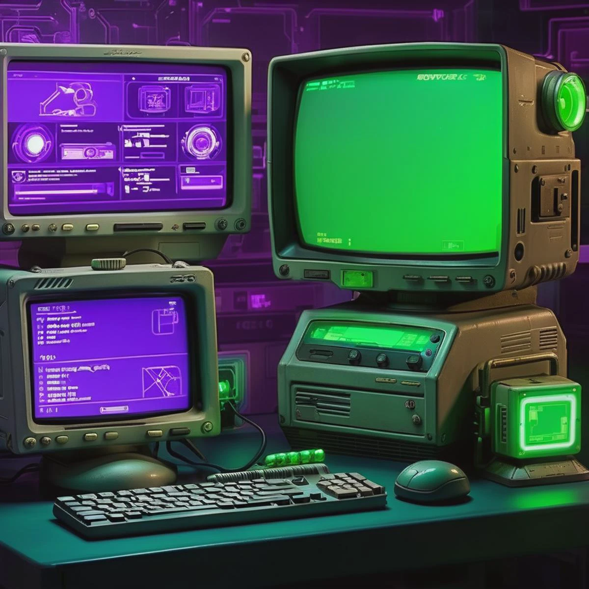 alter PC,1 großer Monitor, 2 kleine Displays, Produktfoto, Pip-Boy, ausfallen, ( retro cyber tech ), reflektierend, f 8 Blende, a 3D render, Neue Sachlichkeit,  cyberpunk style, grünes Leuchten, violettes Leuchten, Dunkelkammer, 