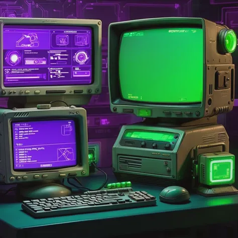 old pc,1 big monitor, 2 small displays, product photo, Pip-boy, fallout, ( retro cyber tech ), reflective, f 8 aperture, a 3D re...
