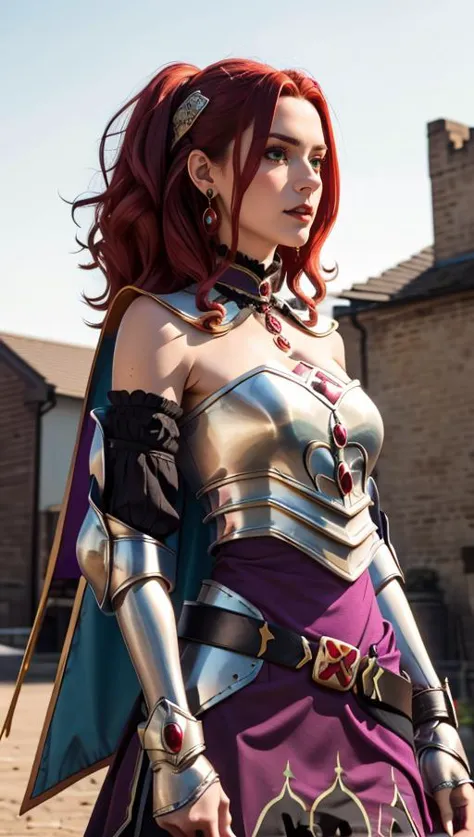 masterpiece, best quality, 1girl,  <lora:malty_melromarc_v1:0.8> malty melromarc, red hair, long hair, green eyes, hair ornament, earrings, jewelry, armor, armored dress, dress, detached sleeves, breastplate, purple skirt, belt,