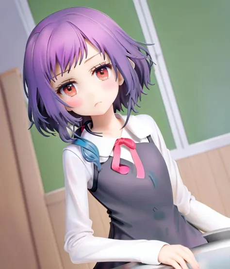 anime girl with purple hair and a gray dress sitting at a desk