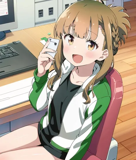 anime girl sitting in front of a computer holding a cell phone