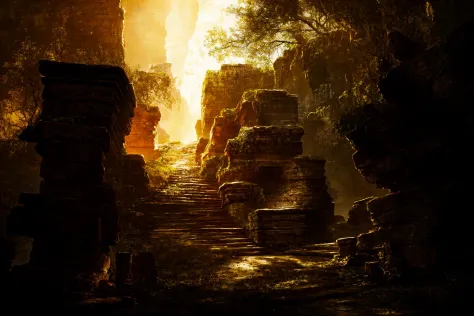 Concept art, eerie horror scenes, western magic style, scenery, ruins, outdoors, stairs, fire, sitting,<lora:Scary scenes:1>,