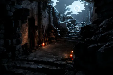 Concept art,eerie horror scenes,western magic style,stairs,scenery,ruins,sitting,fire,cave,outdoors,campfire,standing,moon,dark,...