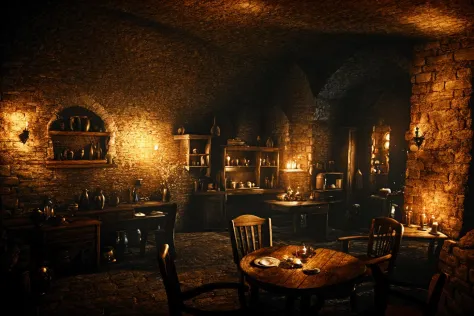 Concept Art,Western Magic Style,Landscape,Candle,Interior,Window,Chair,Darkness,Table,Solo,