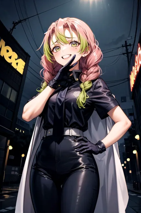 (masterpiece, best quality, detailed), 1girl, solo, looking at viewer, aamitsuri, (mole under eye:0.8), multicolored hair, long hair, twin braids, bangs,
short sleeves, black pants, black necktie, red shirt, red gloves, jacket on shoulders, black jacket, outdoors, cyberpunk, city, night, city lights, neon lights, rain, dark, fisheye, <lora:OjouSamaPose:1>, ojou-sama pose, laughing, hand on hip, naughty face, smug