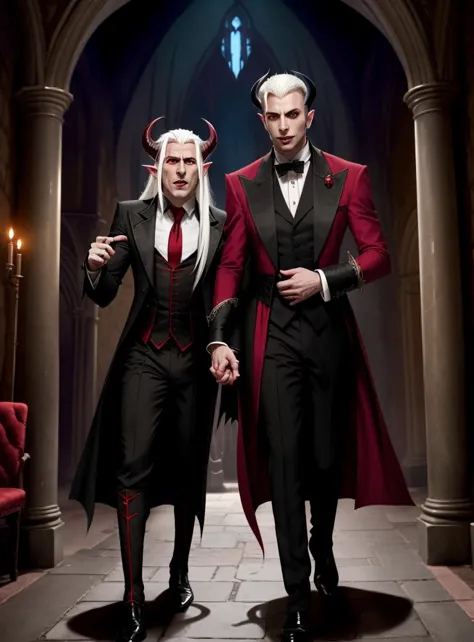 two men dressed in gothic costumes standing in a gothic setting