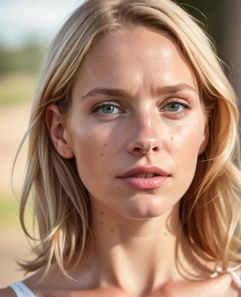 a close up of a woman with a white tank top and blonde hair