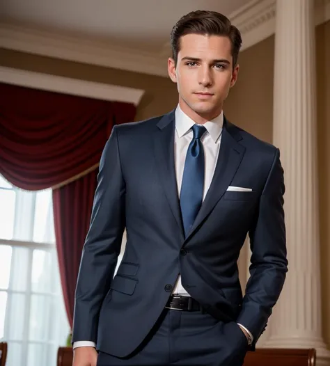 a close up of a man in a suit and tie standing in a room