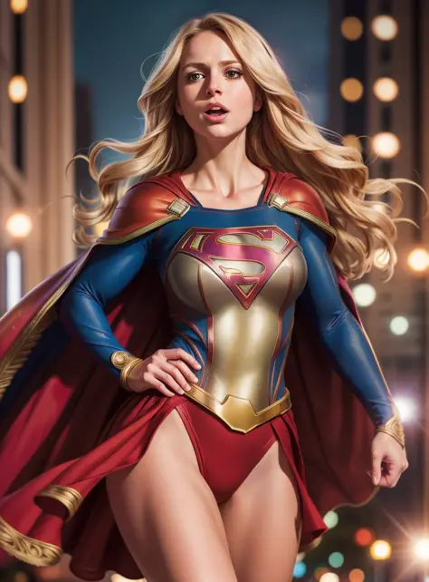 supergirl, hair blonde, cape red, realistic, (masterpiece:1.2) (photorealistic:1.2) (bokeh) (best quality) (intricate details) (8k) (HDR) (analog film) (canon d5) (cinematic lighting) (sharp focus),