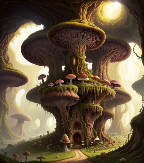 A surreal landscape with giant mushrooms and intricate architecture, bathed in a soft and ethereal light that highlights every intricate detail and adds a dreamlike quality to the scene, There is a cave in the midst of the giant vines that can be explored, with more vines to be discovered.The image is bright with a daytime color palette.