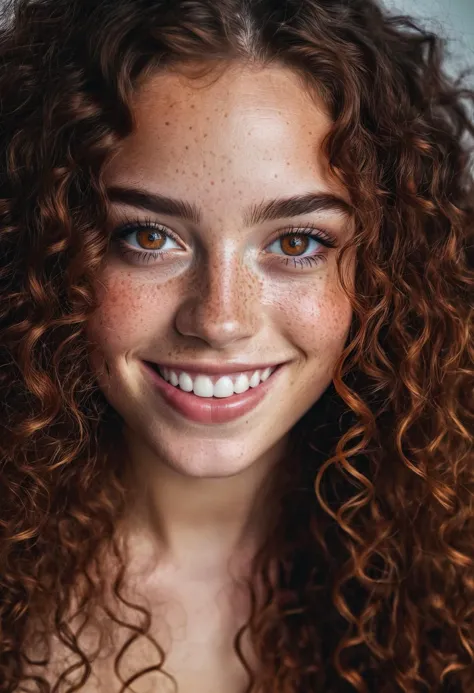 beautiful lady, (freckles), big smile, ruby eyes, long curly hair, dark makeup, hyperdetailed photography, soft light, head and ...