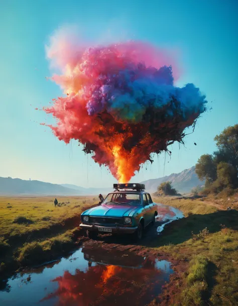 a car with a colorful cloud on top of it in a field