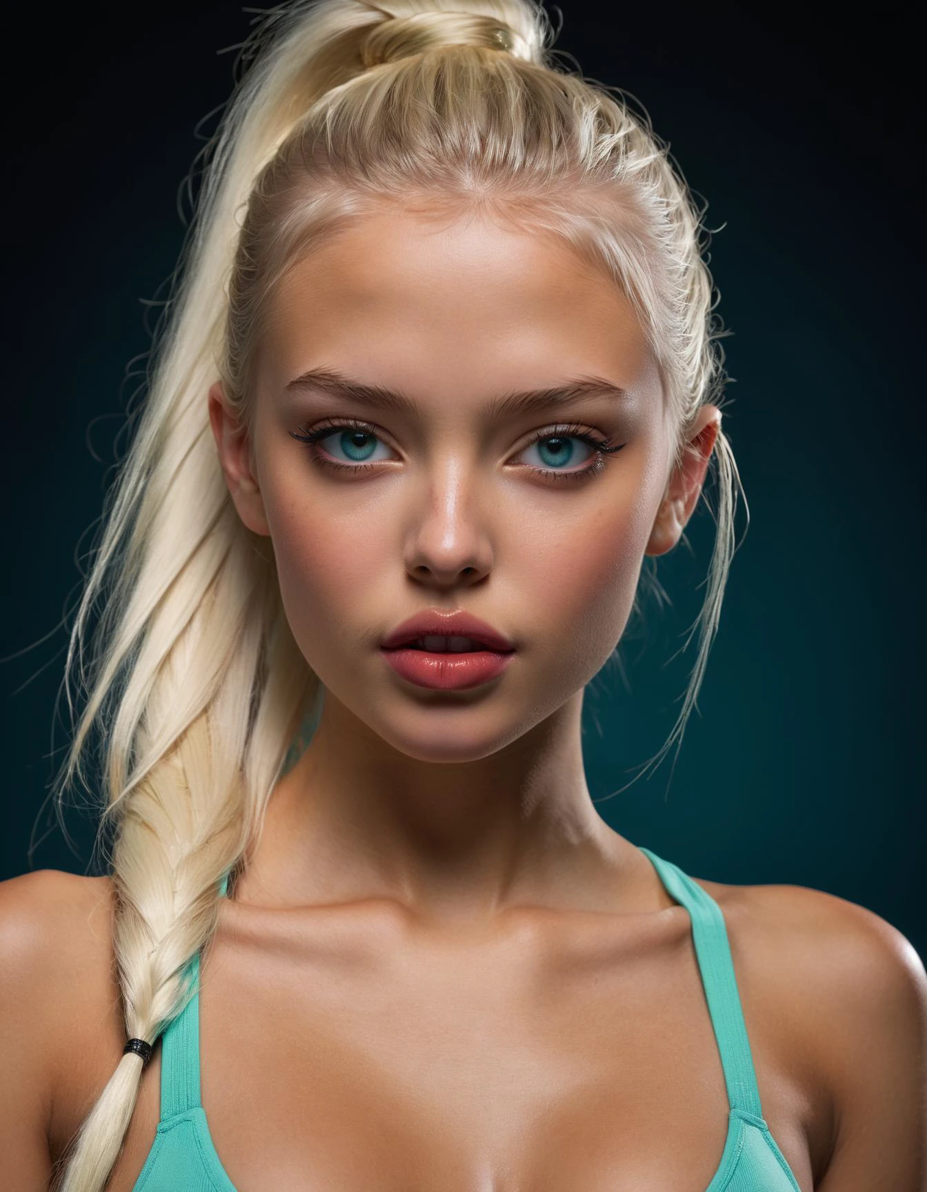 德國18歲素模特兒,  完美的運動身材, 挺拔的乳房 , 極其真實細緻的肌膚紋理, 極度清晰細緻的眼睛, 有光澤的口紅, 丰满的嘴唇, 可愛無瑕的小鼻子, 直白髮, 馬尾辮 , 青色眼睛顏色, 美丽的脸庞特征,
專業攝影：Bunny Yeager 和 Tatiana Ivanova ,  (感性的 , 誘人的 , 高超的:1.4), 極其逼真的攝影, 粗线条, 超詳細, 富有表现力,  得獎,  (風景:1.4), (錯綜複雜 details, 傑作, 最好的品質:1.4),
看著觀眾, 動態姿勢, 广角视图, 深色限量調色板, 重點照明 ,
ISO 300, 1/250秒, F/2,8, 38毫米, extremely 高品質 RAW photograph, 錯綜複雜, 精緻的細節和紋理, 非常詳細, 超精细摄影, 4k, 銳利的焦點, 高解析度, 8k超高清, 單眼相機, 高品質, 膠片顆粒, 富士XT3, 看著觀眾, 動態姿勢, 广角视图, 深色限量調色板, low 重點照明,
