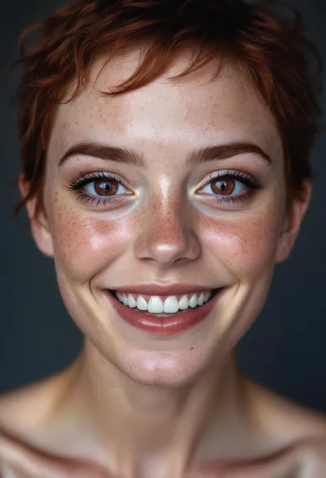 beautiful lady, (freckles), big smile, ruby eyes, short hair, dark makeup, hyperdetailed photography, soft light, head and shoul...