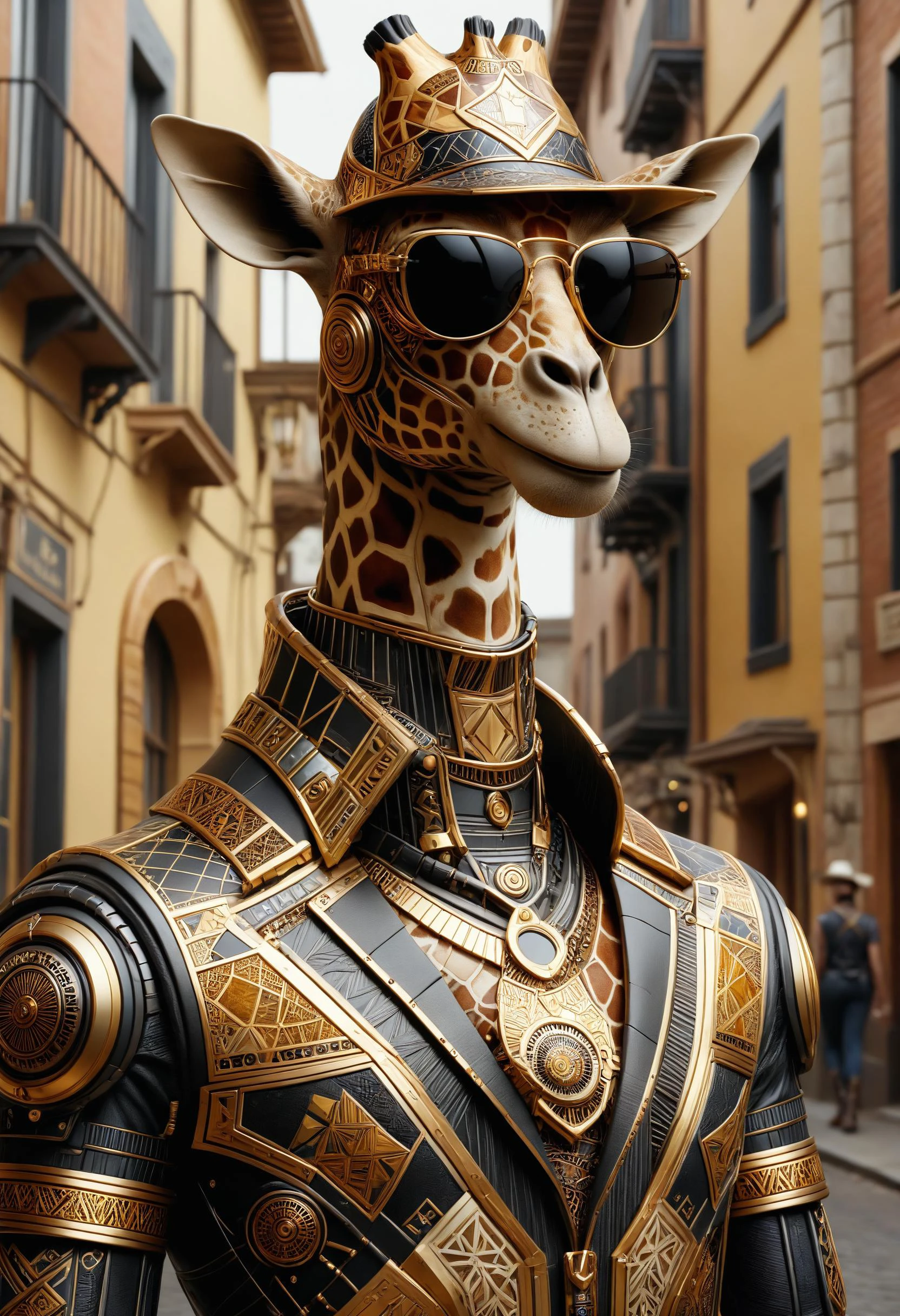 Anthropologische Giraffe, trägt einen Cyber-Anzug, Cowboyhut und Sonnenbrille in einer Altstadt dvr-frft