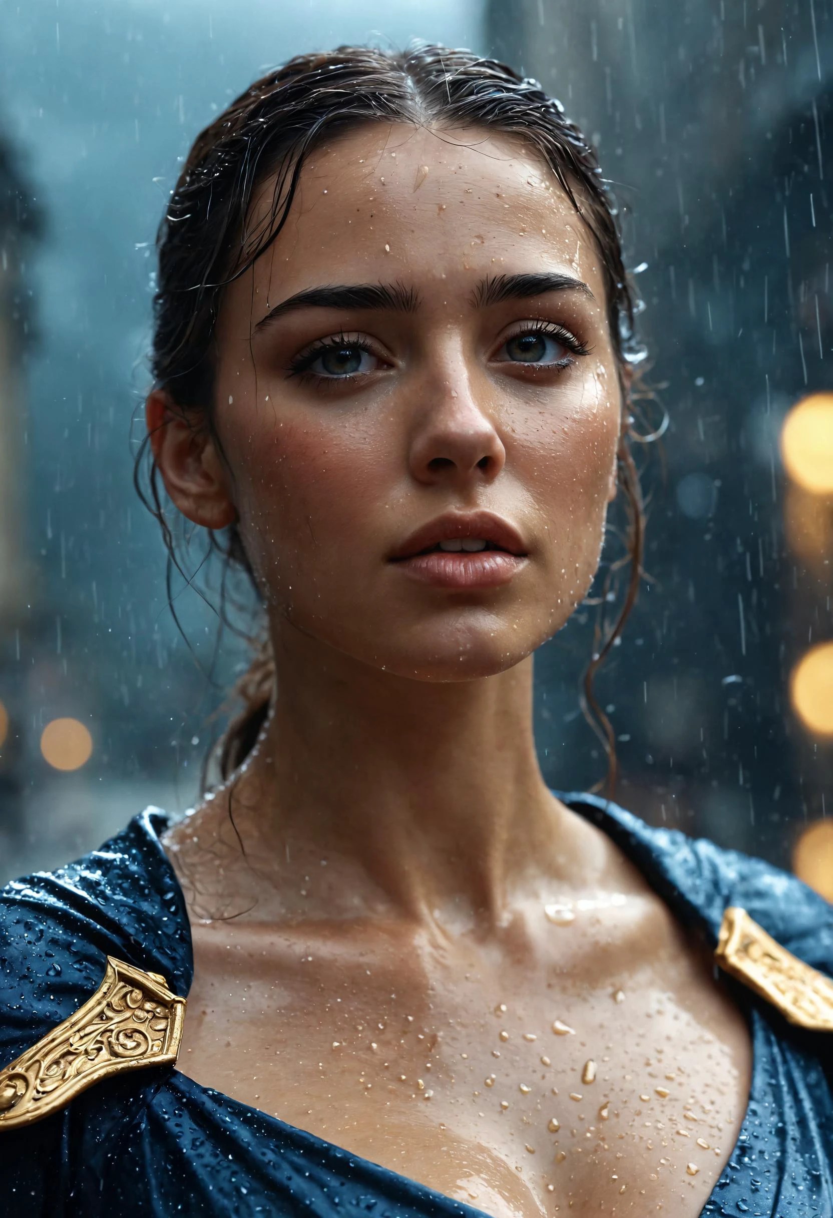 women with a focus face, black gold dress. standing in light rain. with realistic drop of rain on her. detailed character illustrations, extremely beautiful, intricate, epic composition, magical atmosphere, cinematic, highly saturated colors, inspired, very inspirational, original