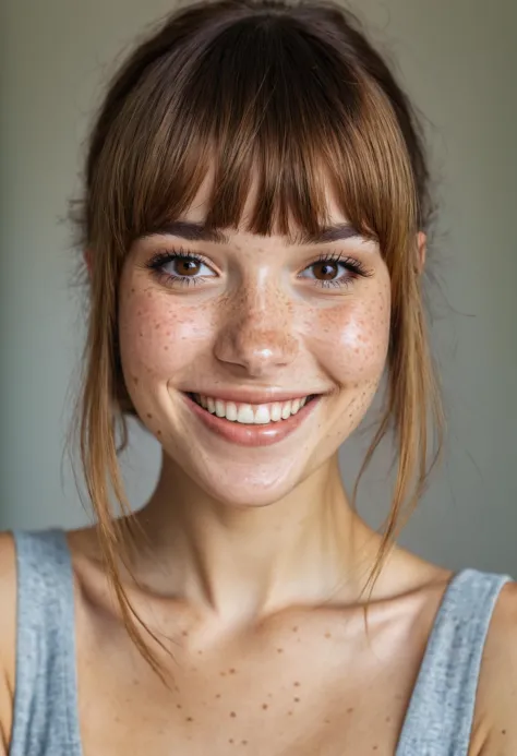 beautiful lady, (freckles), big smile, brown hazel eyes, Full Bangs, dark makeup, hyperdetailed photography, soft light, head an...