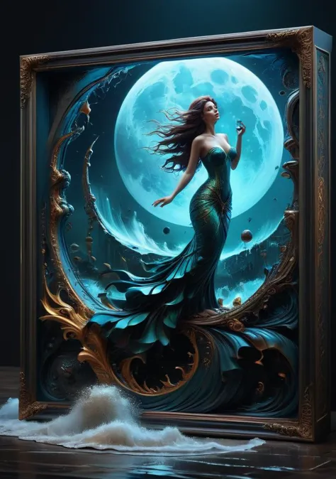 A  glass Frame sculpture, concealed inside the Cube is a large mermaid  in a Lightning storm, large waves, (mermaid  emerges out of the frame), in the dark, detailed image, high quality detailed, the moon, moonlit, shaped Cube, amazing wallpaper, digital painting highly detailed, UHD detailed oil painting, beautiful art UHD, focus on full glass sphere, bokeh,  background Modifiers: extremely detailed Award winning photography, fantasy studio lighting, photorealistic very attractive beautiful imperial colours ultra detailed 3D, (Very Intricate), UHD, <lora:3D_Framed_Wall_Art_-_By_DICE:1>, (3D Framed, Mega Details),beautiful woman, gorgeous woman