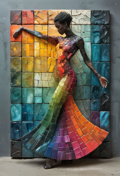 a woman in a colorful dress is standing in front of a mosaic wall