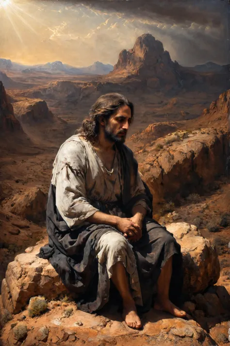 Jesus Sitting on a rock, desert, (sad, suffering:1.1), robe, good rays 
(masterpiece, best quality:1.4), (luminar but extremely ...