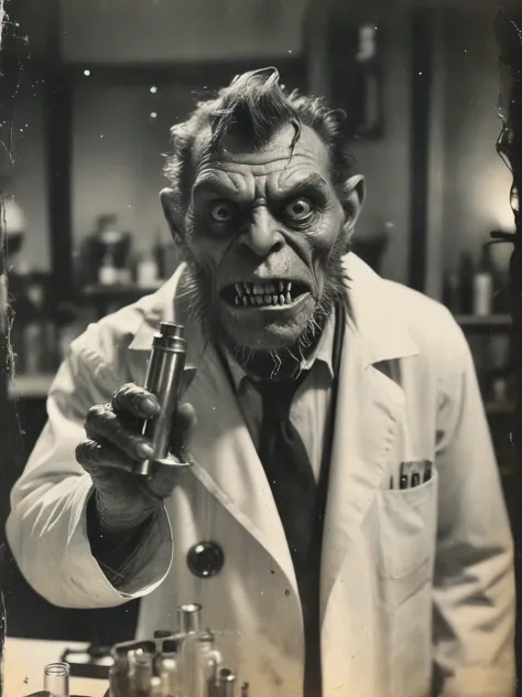 35mm Vintage Foto von, B&W 35mm Vintage Foto von The monster scientist , Illustration,   