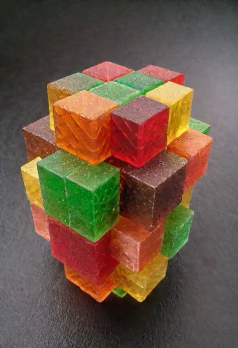 a close up of a colorful gummy cube on a table