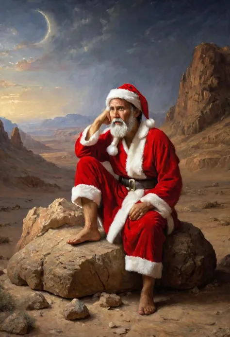 Jesus Sitting on a rock wearing a santa hat, desert, (sad, suffering:1.3), robe,
(masterpiece, best quality, intricate details:1...
