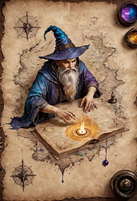 a painting of a wizard with a long beard and a hat on